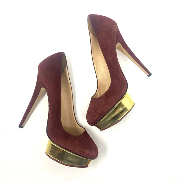 Charlotte Olympia Dotty Suede Platform Pump Burgundy Gold Size 40 / US Size 10‎ - Picture 1 of 12